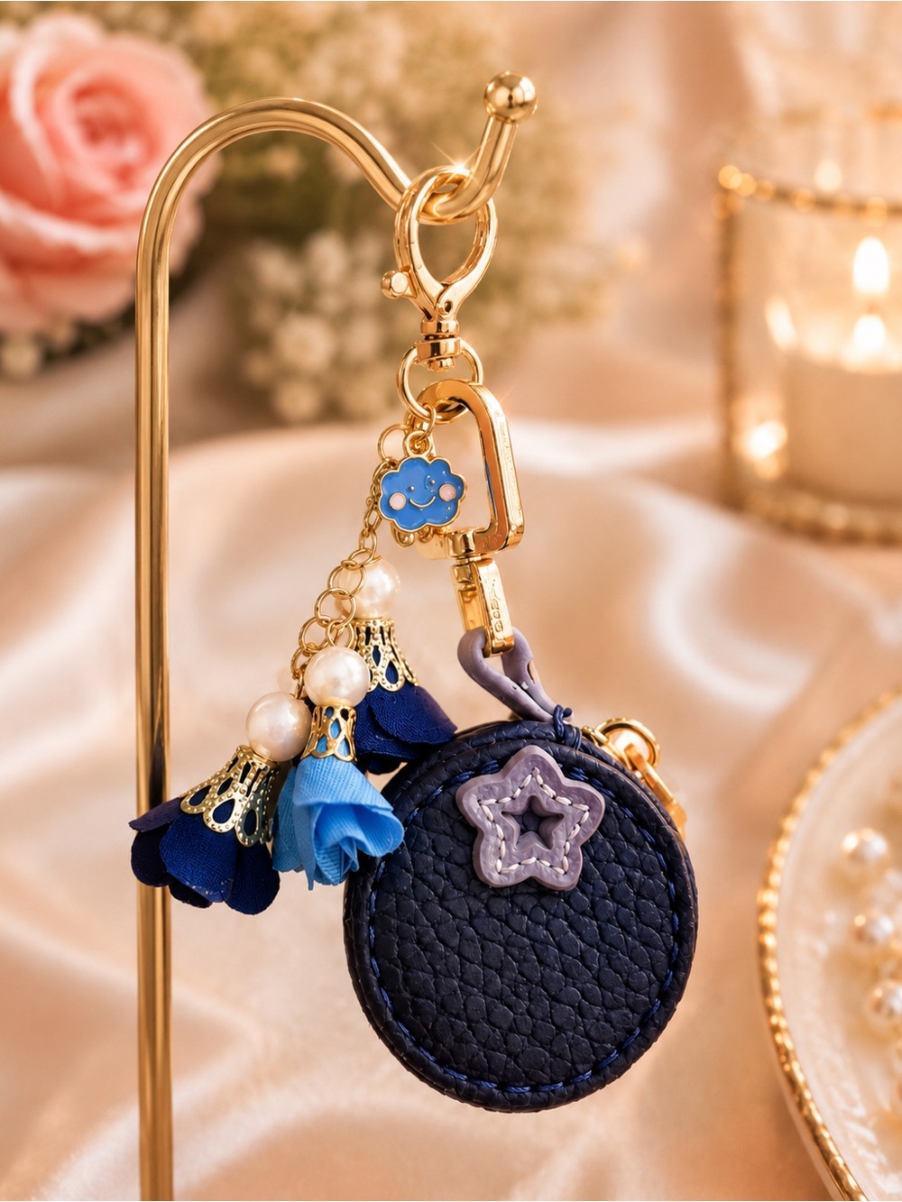 Unique & Elegant Navy Blue Star Coin Pouch Keycharm Gift for her, purse acce